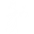 Weiße, minimalistische Illustration der Justitia mit Augenbinde, Waage und Schwert als Symbol für Recht und Gerechtigkeit