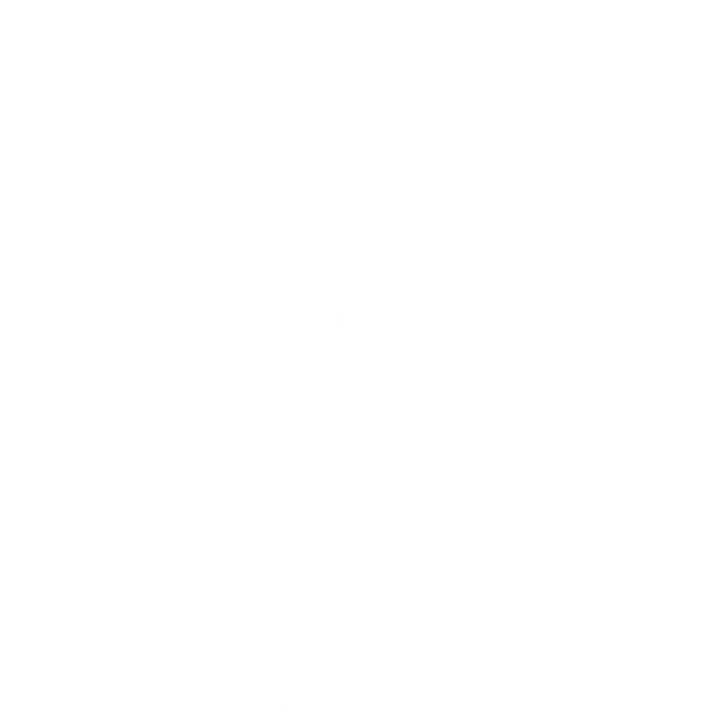 Weiße, minimalistische Illustration der Justitia mit Augenbinde, Waage und Schwert als Symbol für Recht und Gerechtigkeit