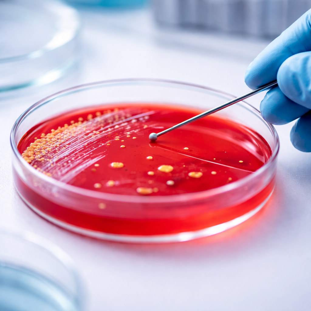 Petrischale mit rotem Nährmedium, auf dem Mikroorganismen im Labor mit einer Impföse untersucht werden.