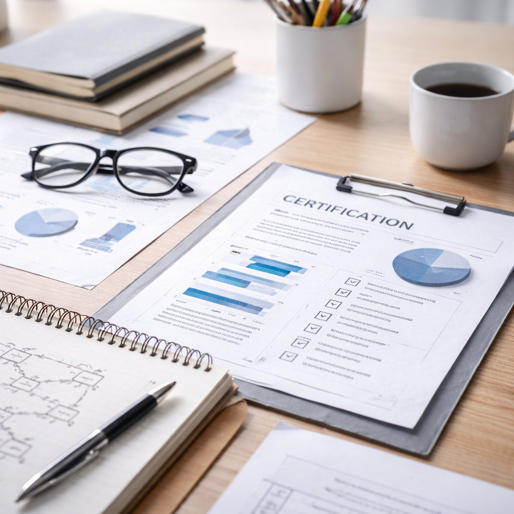 Zertifizierungsunterlagen und Analyseberichte auf einem Schreibtisch mit Diagrammen, Notizbuch, Brille und Kaffee